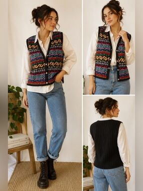 Vintage Knit Sweater Vest Cardigan 90s button up Liz Wear Fair Isle Top - Shirt